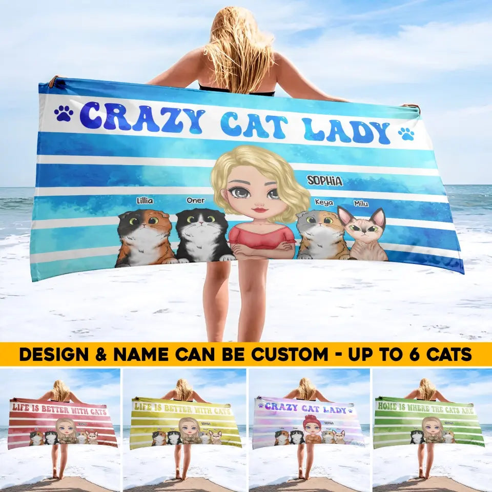 Personalized Crazy Cat Lady Cat Mom Cat Lovers Gift Beach Towel Printed PNHQ2306