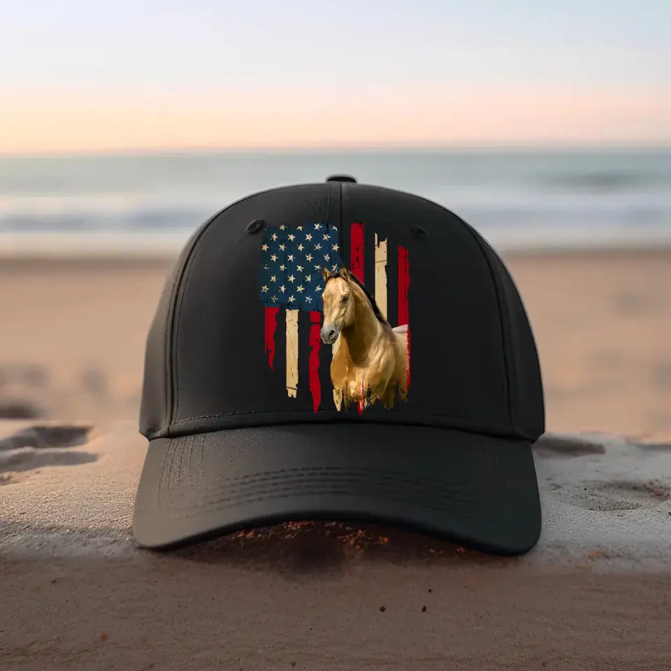 Personalized Upload Your Horse Photo US Flag Cap Printed MTHDT2706