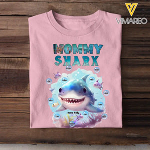 Personalized Mommy Shark Grandma Shark Watercolor With Kid Names T-shirt Printed QTKH0307