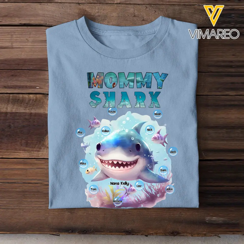 Personalized Mommy Shark Grandma Shark Watercolor With Kid Names T-shirt Printed QTKH0307