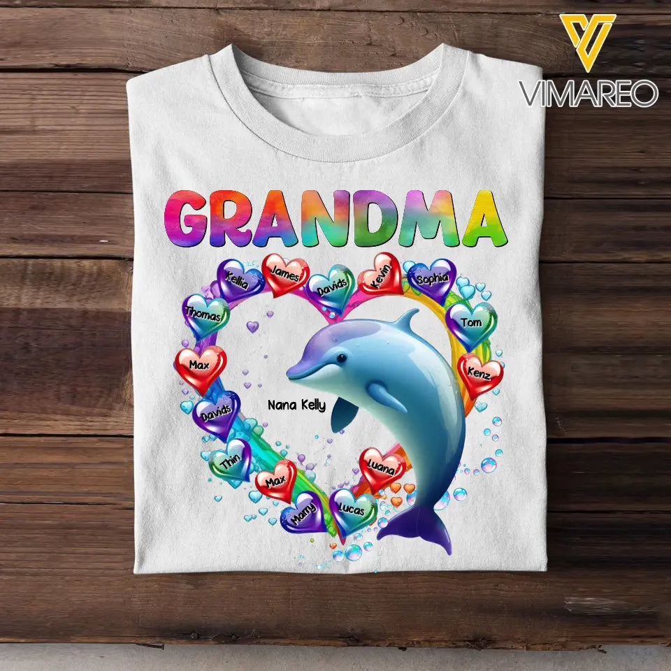 Personalized Dolphin Grandma Mom Aunt With Heart Kid Names Colorful Art 2D Printed Tshirt PTN4723