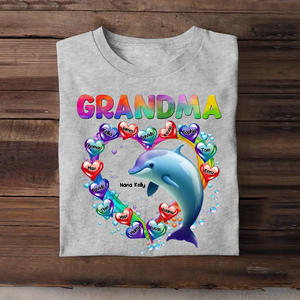 Personalized Dolphin Grandma Mom Aunt With Heart Kid Names Colorful Art 2D Printed Tshirt PTN4723