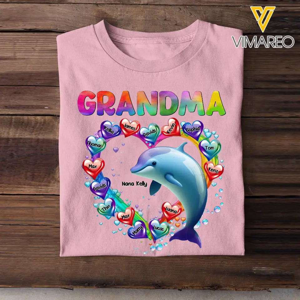 Personalized Dolphin Grandma Mom Aunt With Heart Kid Names Colorful Art 2D Printed Tshirt PTN4723