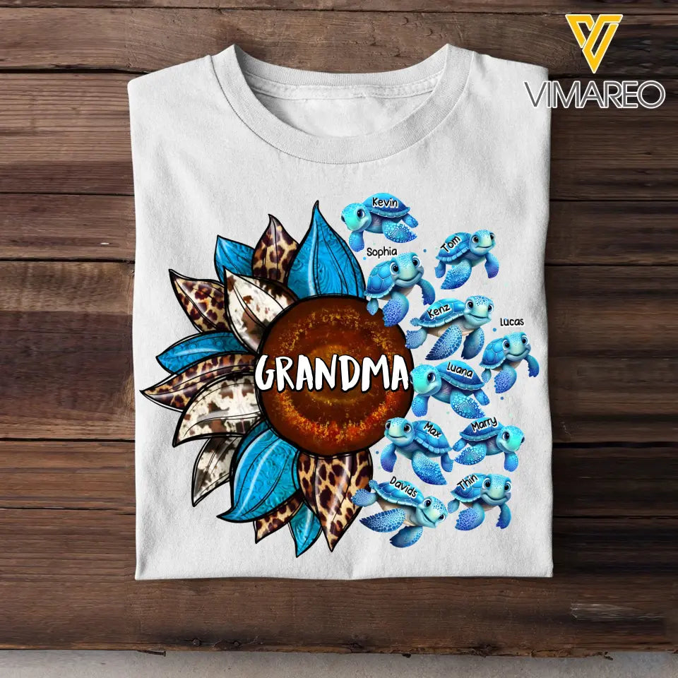 Personalized Turtle Grandma Mom Aunt Sunflower Kid Names Ocean Art 2D Printed Tshirt HTHDT