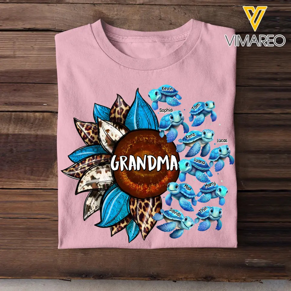 Personalized Turtle Grandma Mom Aunt Sunflower Kid Names Ocean Art 2D Printed Tshirt HTHDT