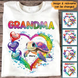 Personalized Grandma Nana Mom Auntie Chibi Turtles Heart Water Colorful Art 2D Printed Tshirt PTN57