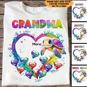 Personalized Grandma Nana Mom Auntie Chibi Turtles Floating Heart Water Colorful Art 2D Printed Tshirt KVH57