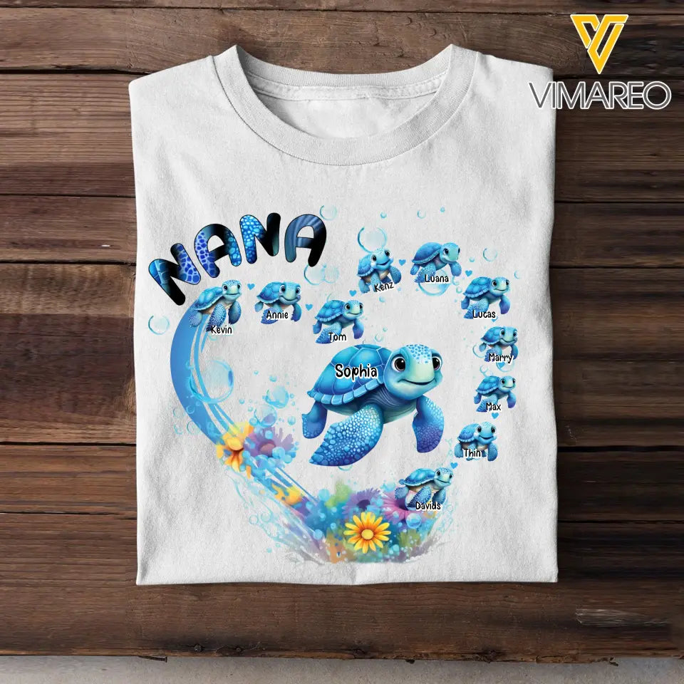 Personalized Grandma Nana Mom Auntie Chibi Turtles Heart 2D Printed Tshirt