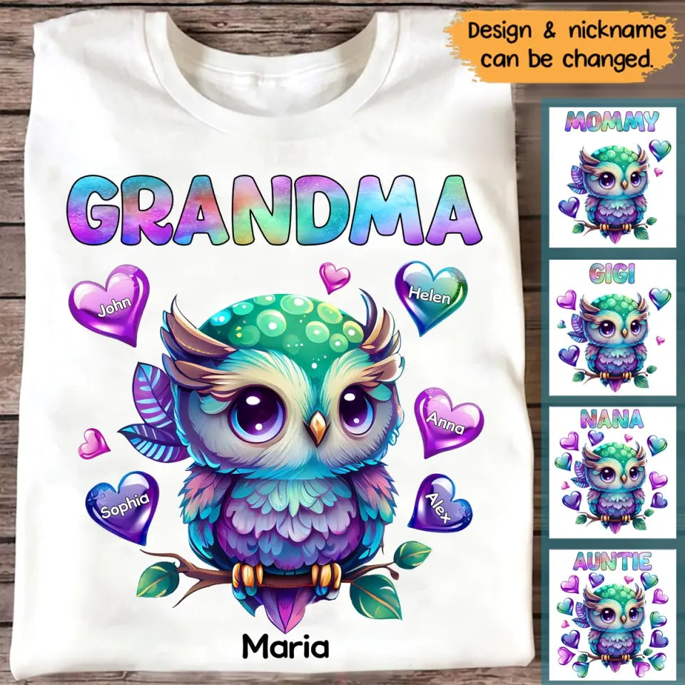 Personalized Owl Grandma Hearts with Kid Name T-shirt Printed 23JUL-PN04