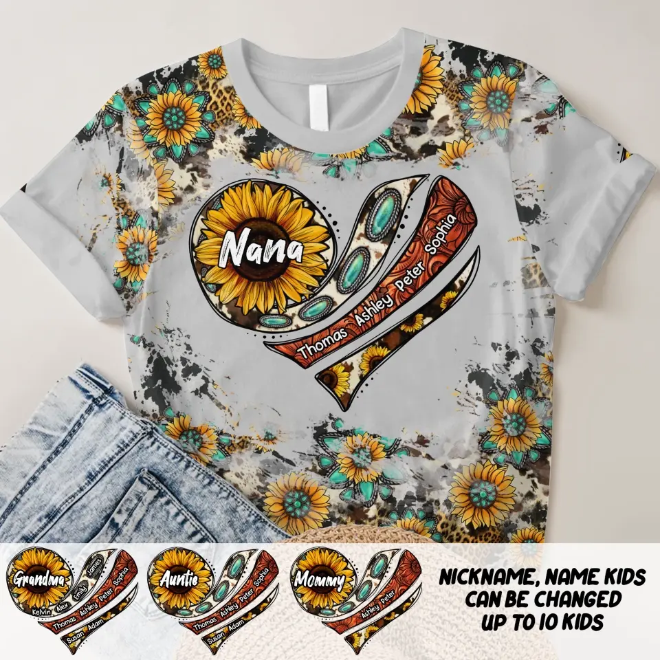 Personalzied Sunflower Heart Nana Grandma with Kid Names 3D TShirt Printed HTHDT3006