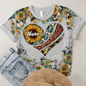 Personalzied Sunflower Heart Nana Grandma with Kid Names 3D TShirt Printed HTHDT3006