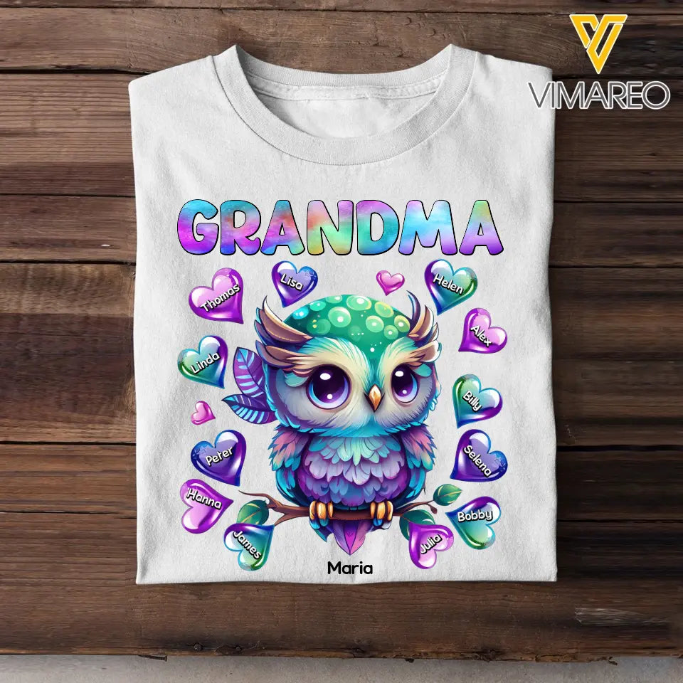 Personalized Owl Grandma Hearts with Kid Name T-shirt Printed 23JUL-PN04