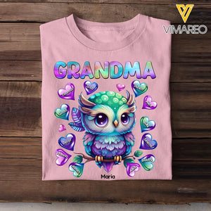 Personalized Owl Grandma Hearts with Kid Name T-shirt Printed 23JUL-PN04