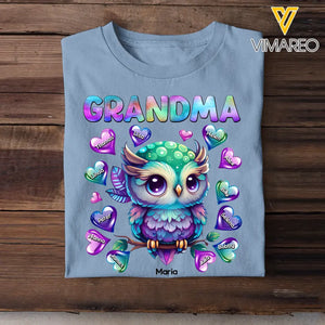 Personalized Owl Grandma Hearts with Kid Name T-shirt Printed 23JUL-PN04