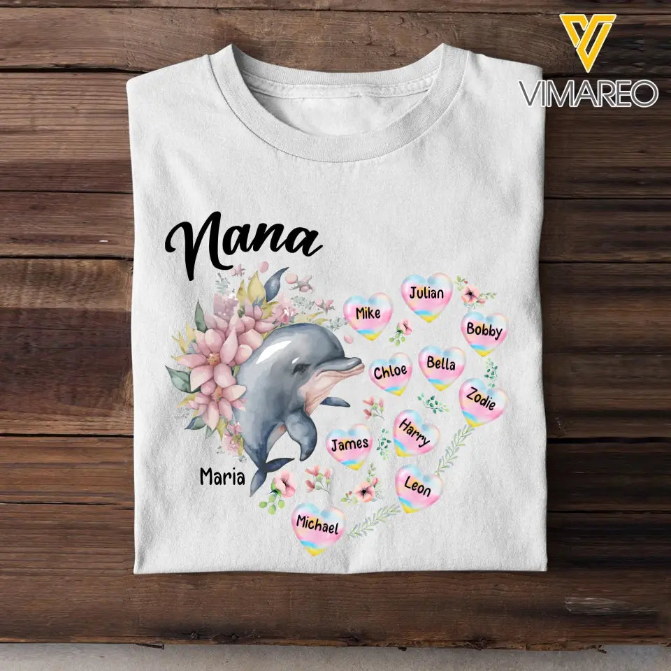 Personalized Nana Grandma Dolphin Hearts with Kid Names T-shirt Printed MTHN0507