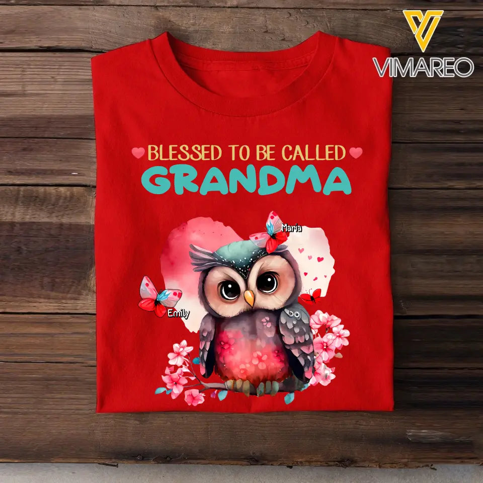 Personalized Blessed To be Called Grandma Owl Butterflies with Kid Names T-shirt Printed PNHN0507