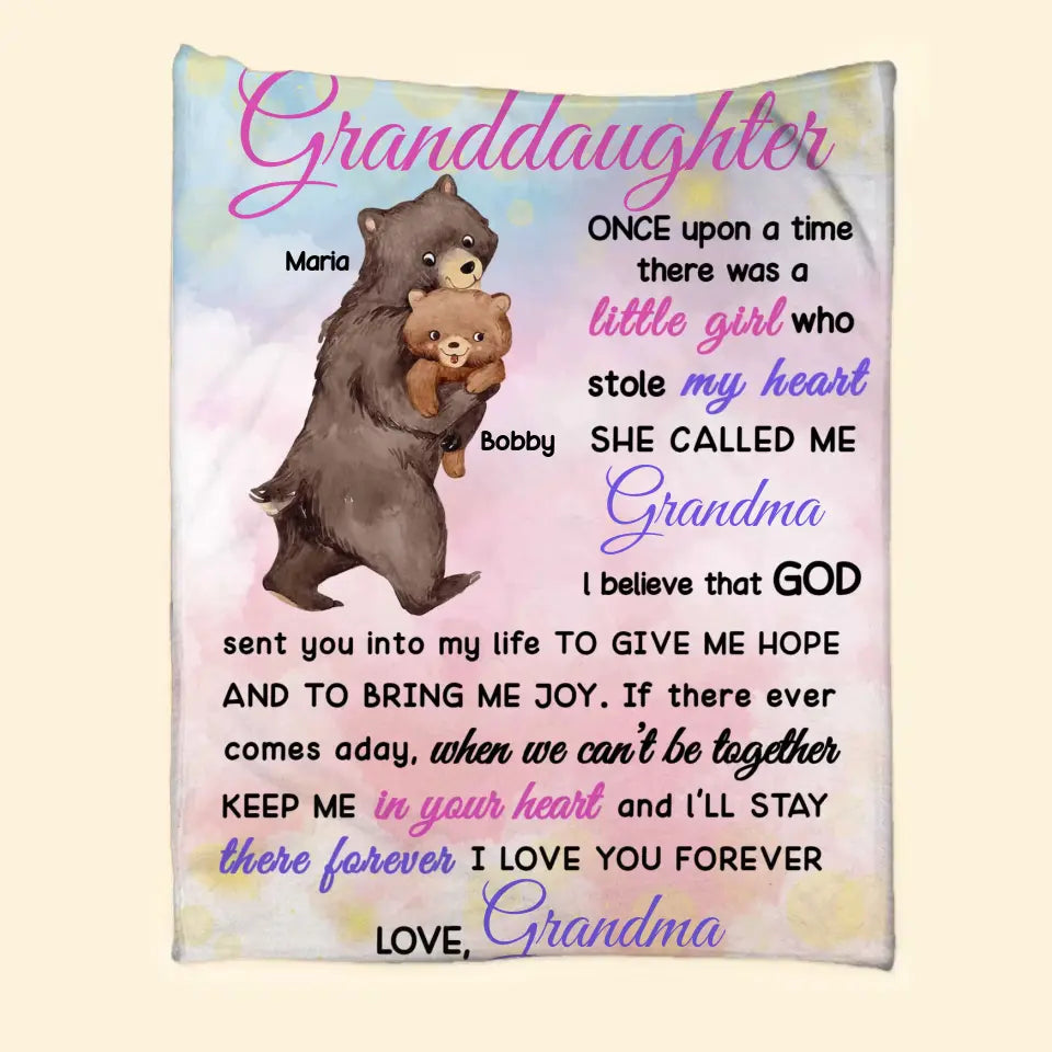 Personalized Granddaughter Bear Once Upon A Time There Was A Little Girl Who Stole My Heart She Called Me Grandma Quilt Blanket Printed HTHKVH0607