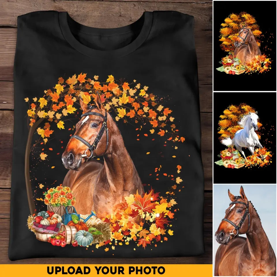 Personalized Upload Your Horse Photo Fall Season Pumpkin Maple Leaves T-shirt Printed MTHHQ0807