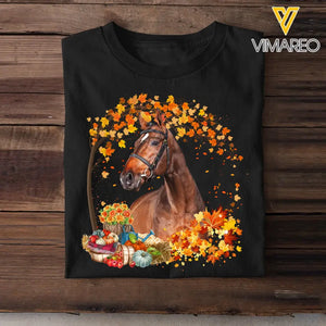 Personalized Upload Your Horse Photo Fall Season Pumpkin Maple Leaves T-shirt Printed MTHHQ0807