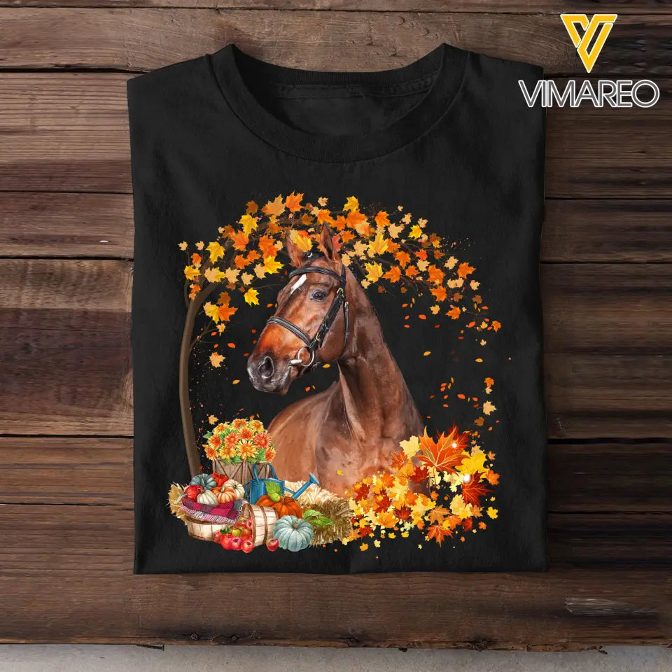 Personalized Upload Your Horse Photo Fall Season Pumpkin Maple Leaves T-shirt Printed MTHHQ0807