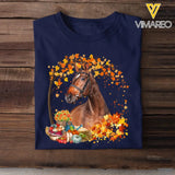 Personalized Upload Your Horse Photo Fall Season Pumpkin Maple Leaves T-shirt Printed MTHHQ0807