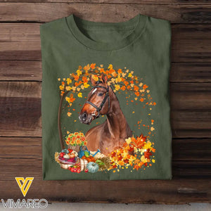 Personalized Upload Your Horse Photo Fall Season Pumpkin Maple Leaves T-shirt Printed MTHHQ0807