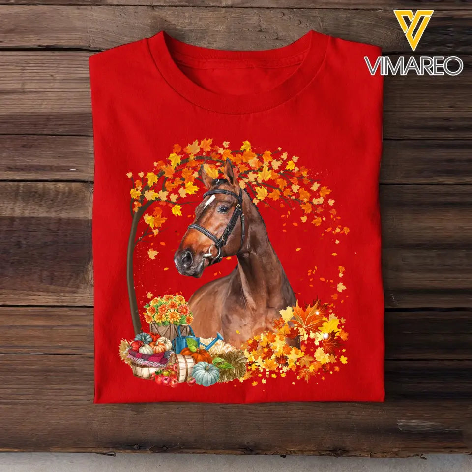 Personalized Upload Your Horse Photo Fall Season Pumpkin Maple Leaves T-shirt Printed MTHHQ0807