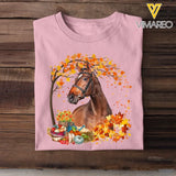 Personalized Upload Your Horse Photo Fall Season Pumpkin Maple Leaves T-shirt Printed MTHHQ0807