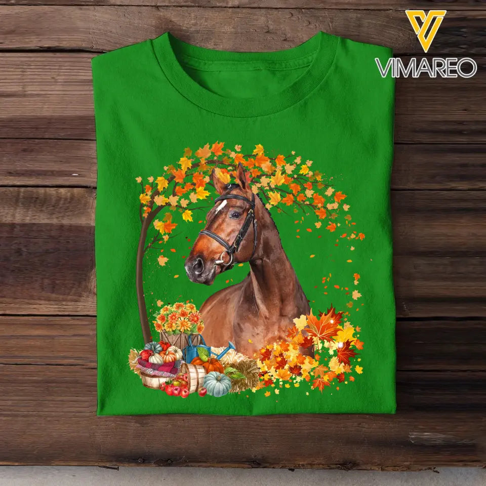 Personalized Upload Your Horse Photo Fall Season Pumpkin Maple Leaves T-shirt Printed MTHHQ0807