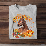 Personalized Upload Your Horse Photo Fall Season Pumpkin Maple Leaves T-shirt Printed MTHHQ0807