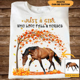 Personalized Upload Your Horse Photo Just A Girl Who Love Fall & Horses Fall Season Pumpkin T-shirt Printed MTHKVH0807