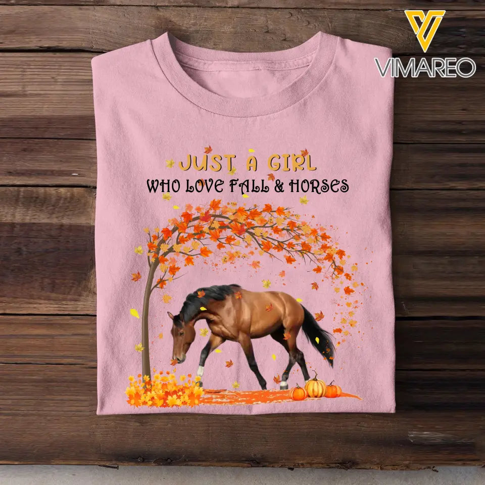 Personalized Upload Your Horse Photo Just A Girl Who Love Fall & Horses Fall Season Pumpkin T-shirt Printed MTHKVH0807