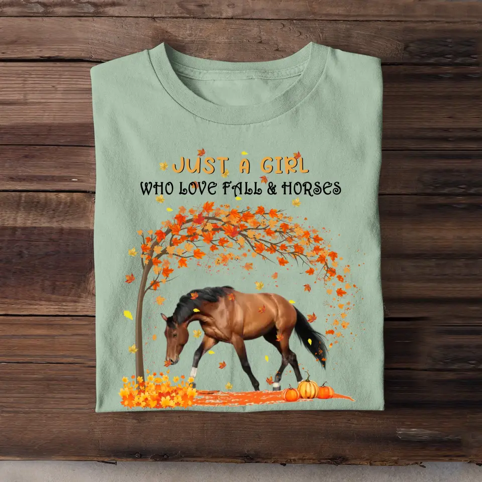 Personalized Upload Your Horse Photo Just A Girl Who Love Fall & Horses Fall Season Pumpkin T-shirt Printed MTHKVH0807