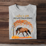 Personalized Upload Your Horse Photo Just A Girl Who Love Fall & Horses Fall Season Pumpkin T-shirt Printed MTHKVH0807