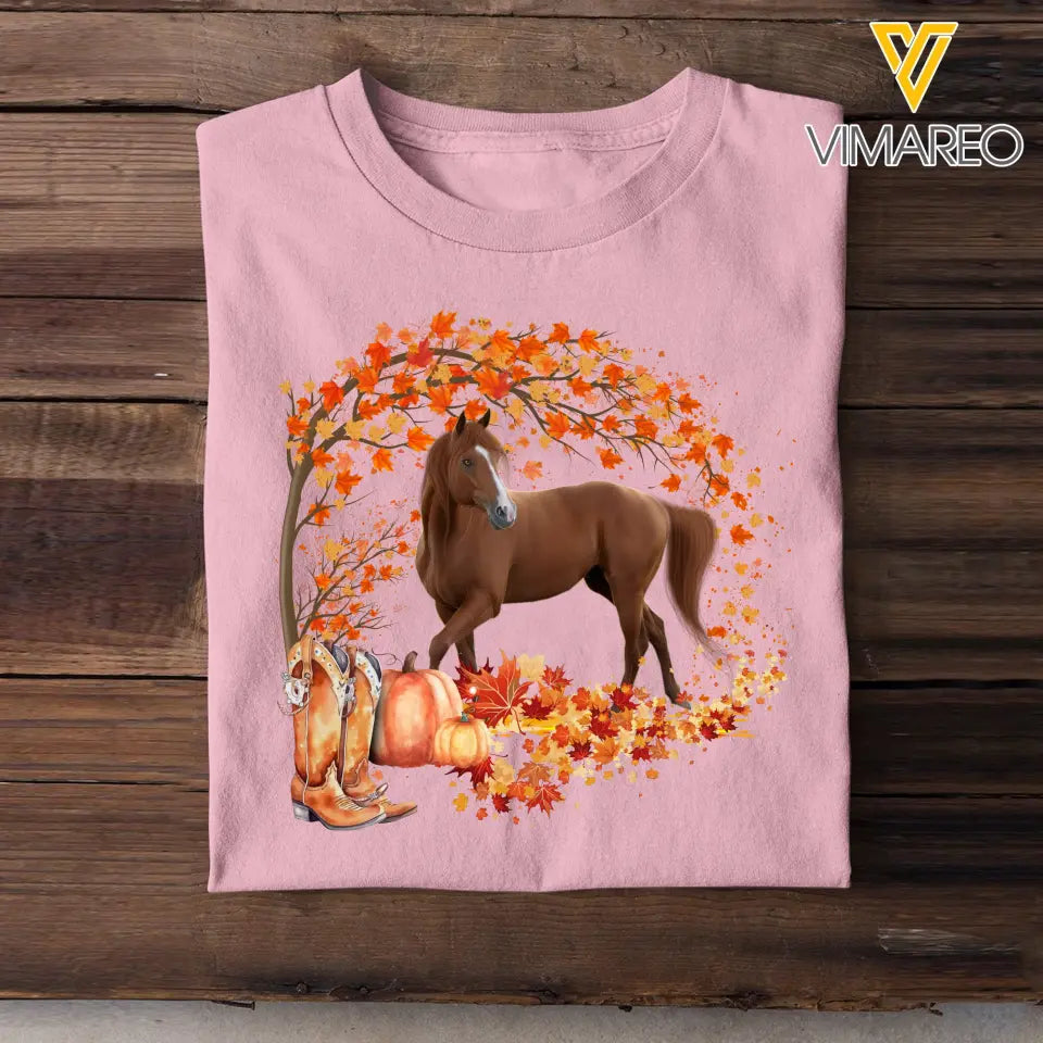 Personalized Upload Your Horse Photo Fall Season Pumpkin Maple Leaves T-shirt Printed MTHDT1007