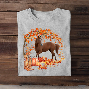 Personalized Upload Your Horse Photo Fall Season Pumpkin Maple Leaves T-shirt Printed MTHDT1007