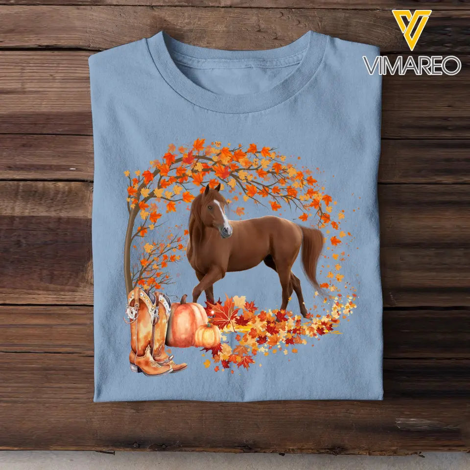 Personalized Upload Your Horse Photo Fall Season Pumpkin Maple Leaves T-shirt Printed MTHDT1007