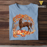 Personalized Upload Your Horse Photo Fall Season Pumpkin Maple Leaves T-shirt Printed MTHDT1007