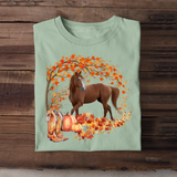 Personalized Upload Your Horse Photo Fall Season Pumpkin Maple Leaves T-shirt Printed MTHDT1007