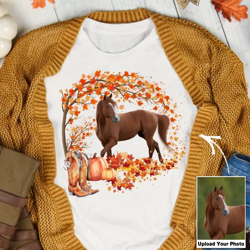 Personalized Upload Your Horse Photo Fall Season Pumpkin Maple Leaves T-shirt Printed MTHDT1007