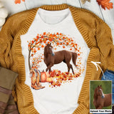 Personalized Upload Your Horse Photo Fall Season Pumpkin Maple Leaves T-shirt Printed MTHDT1007