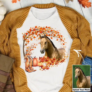 Personalized Upload Your Horse Photo Fall Season Pumpkin Maple Leaves T-shirt Printed MTHDT1007