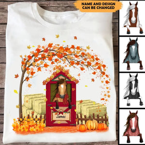 Personalized Horse At The Door Fall Season Pumpkin Maple Leaves T-shirt Printed MTHKVH1007