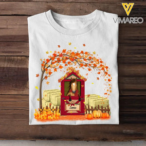 Personalized Horse At The Door Fall Season Pumpkin Maple Leaves T-shirt Printed MTHKVH1007