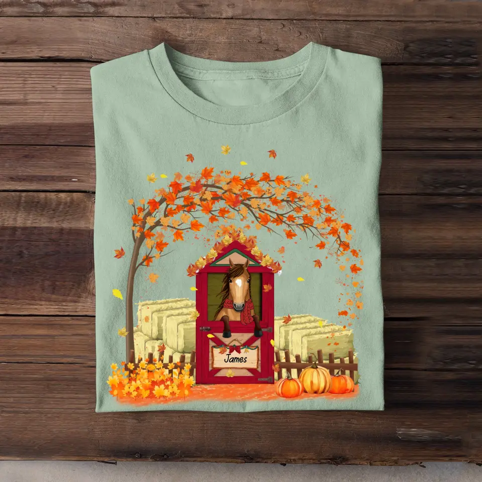 Personalized Horse At The Door Fall Season Pumpkin Maple Leaves T-shirt Printed MTHKVH1007