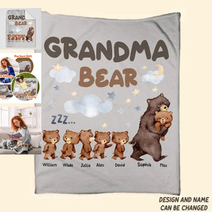 Personalized Grandma Bear with Kid Names Quilt Blanket Printed HTHHN1007