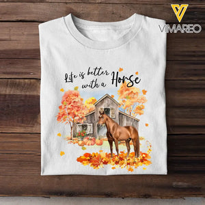 Personalized Upload Your Horse Photo Fall Season Pumpkin Life Is Better With A Horse T-shirt Printed MTHPD1007