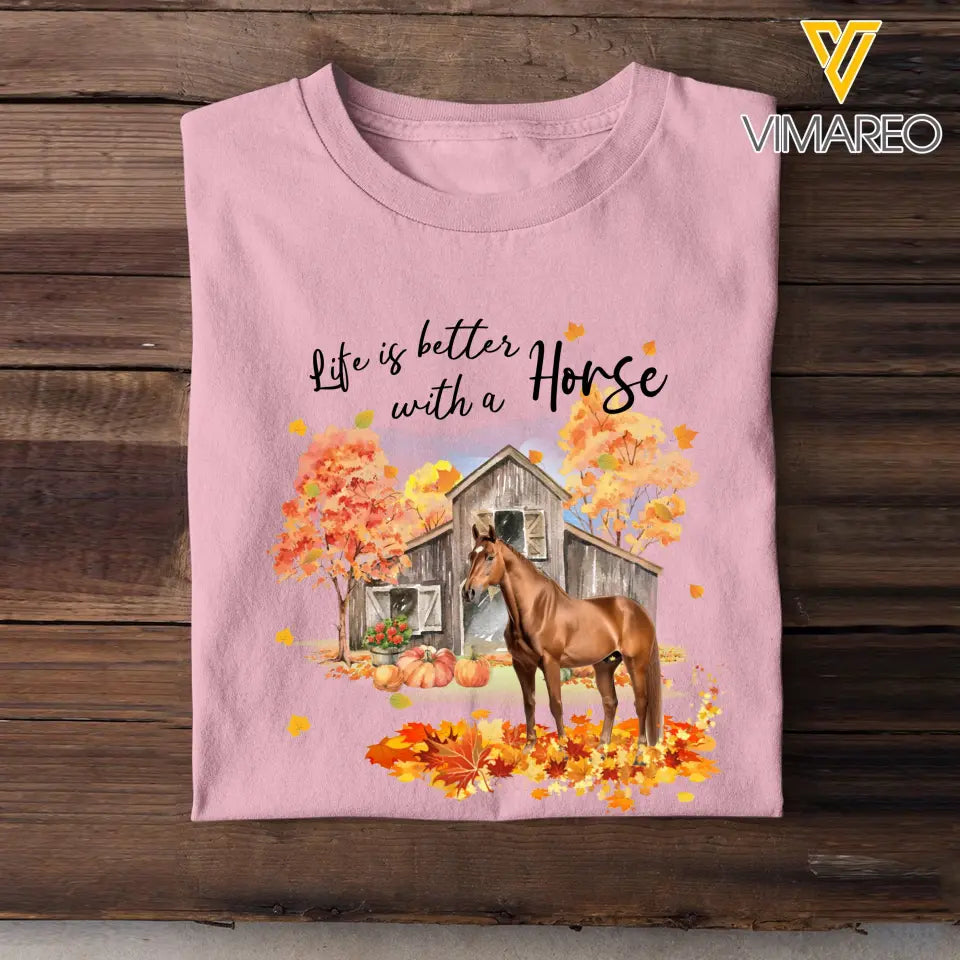 Personalized Upload Your Horse Photo Fall Season Pumpkin Life Is Better With A Horse T-shirt Printed MTHPD1007