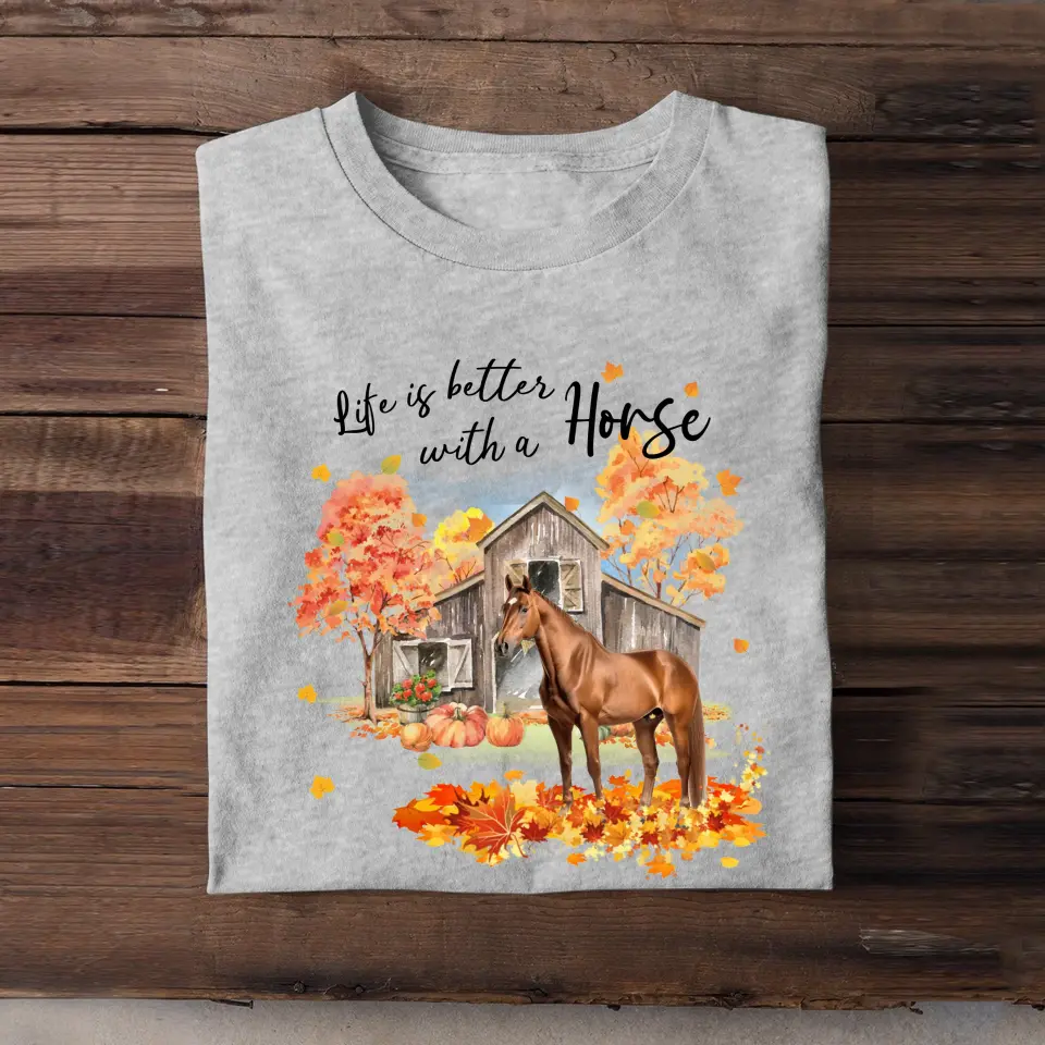 Personalized Upload Your Horse Photo Fall Season Pumpkin Life Is Better With A Horse T-shirt Printed MTHPD1007