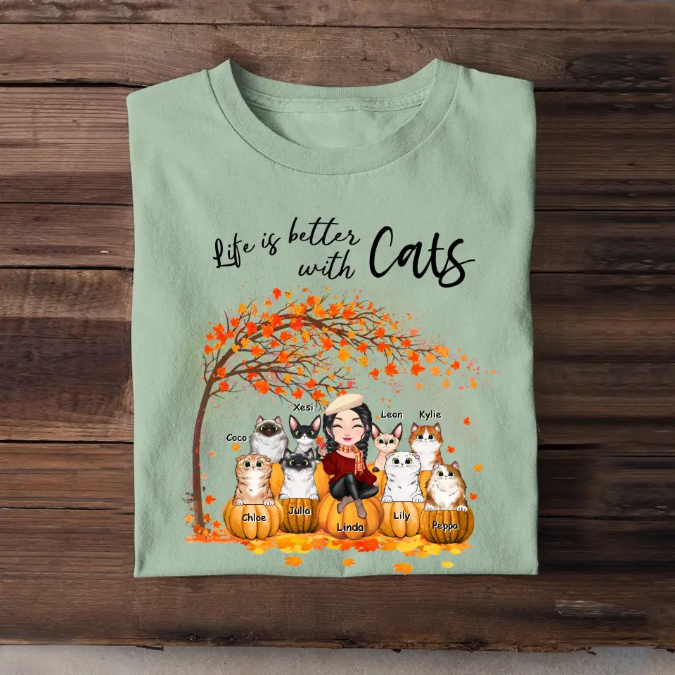 Personalized Life Is Better With Cats Fall Season Pumpkin T-shirt Printed MTPVD1007